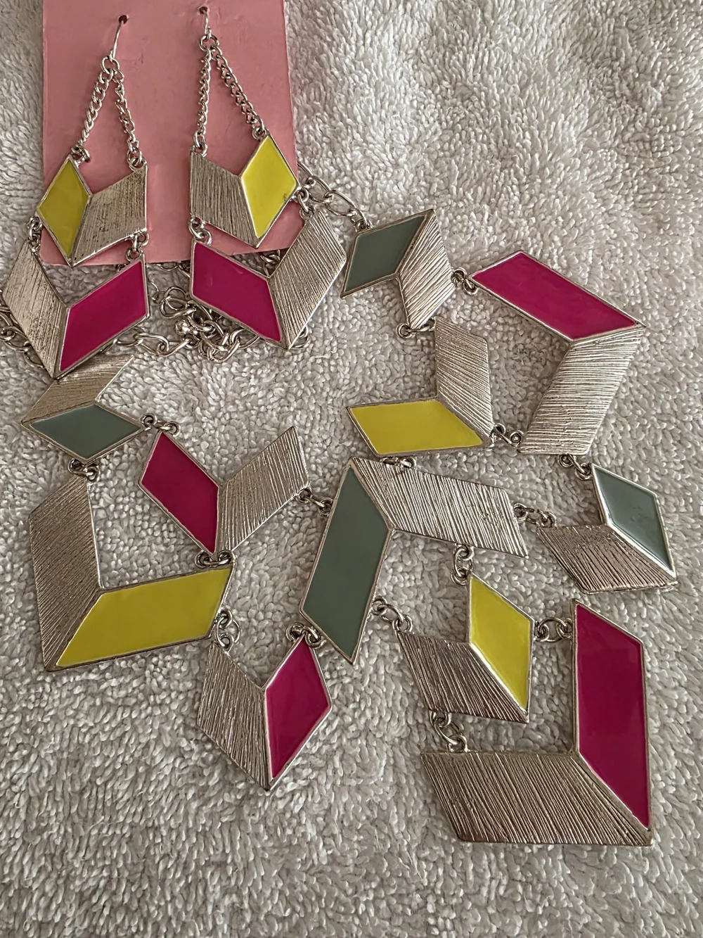 Geometric Chevron Statement Necklace & Earrings Set in Pink, Yellow & Slate Blue